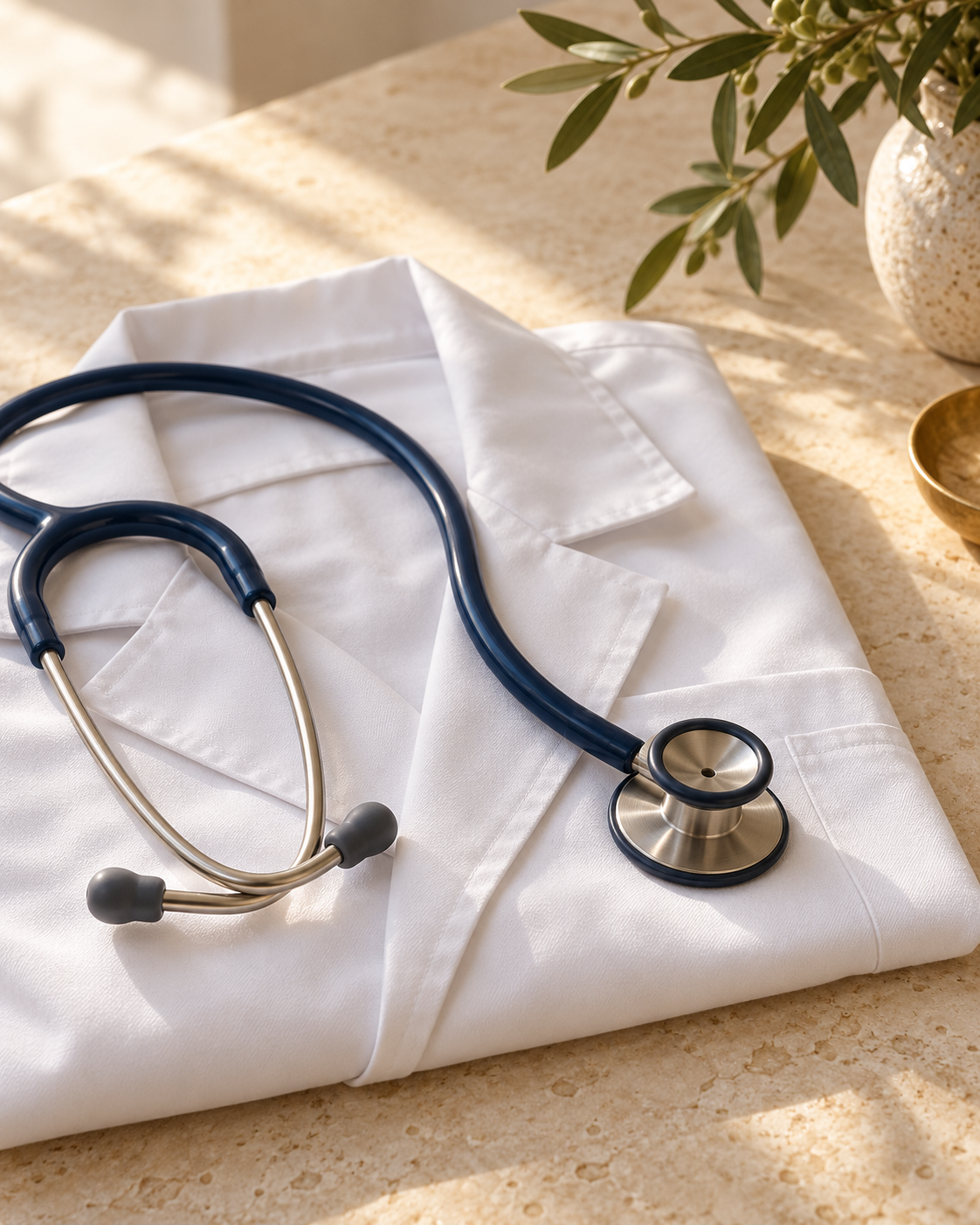 A stethoscope resting on a white coat in soft natural light